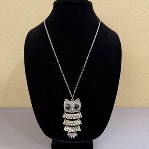 Silver Tone Owl Pendant Necklace Black Stone Eyes 28 In Womens Boho Statement